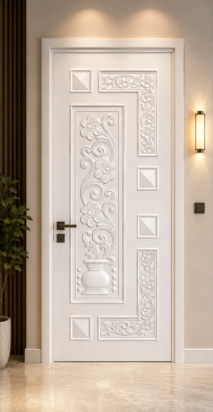 Elegant White PU Floral Carved Designer Door