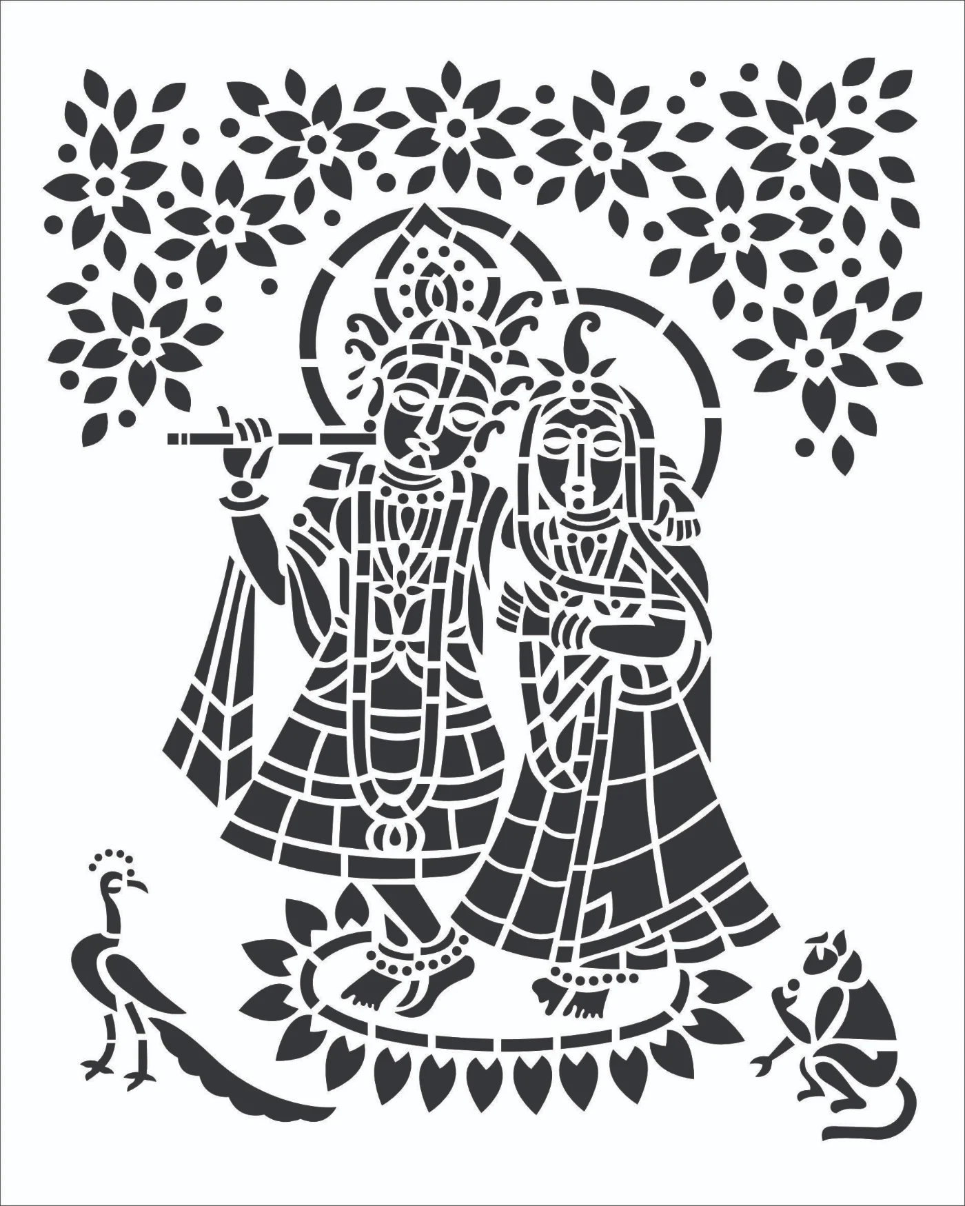 Radha Krishna Floral Stencil Design